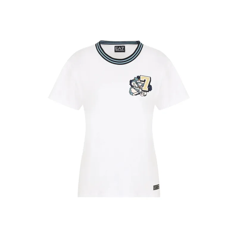 EMPORIO ARMANI EA7 Floral Logo Embroidered Crew Neck Short Sleeved T Shirt T Shirt Women's White-0