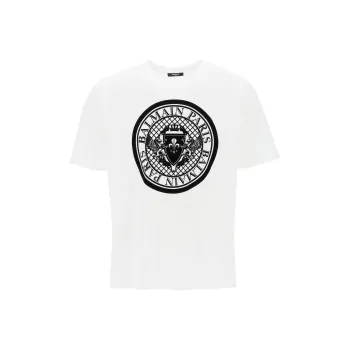 BALMAIN Logo Flocked Crewneck T Shirt
