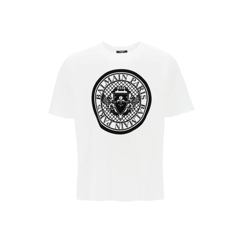 BALMAIN Logo Flocked Crewneck T Shirt-0