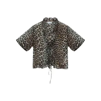 GANNI Leopard Printed Chiffon Tie String Blouse