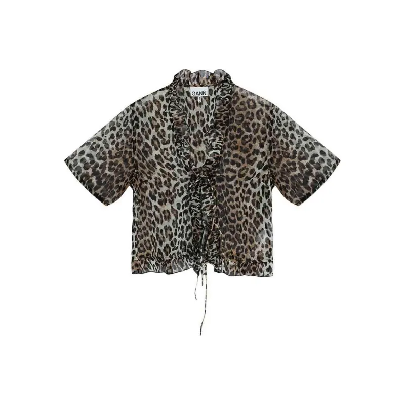 GANNI Leopard Printed Chiffon Tie String Blouse-0