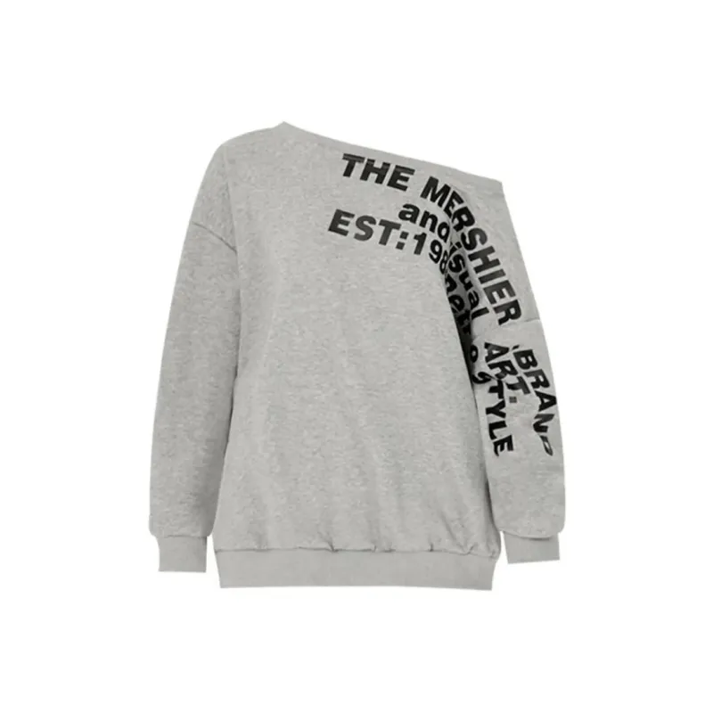 PAZZO American Asymmetrical Shoulder Letter Design Long Sleeve Sweatshirt Women's Heather Gray-0