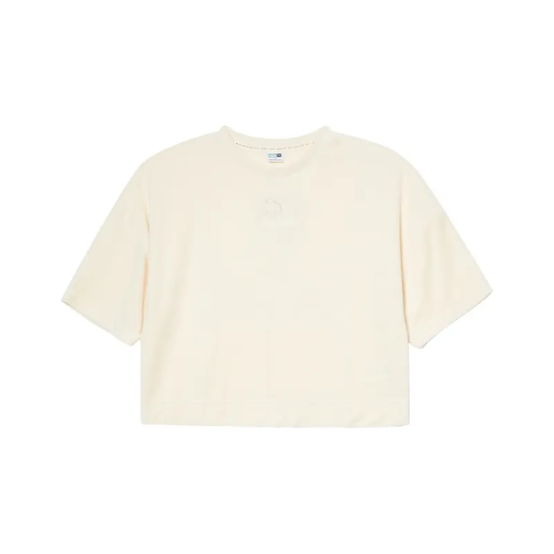 PUMA Drop Shoulder Sleeve T Shirt Women's Cotton Linen Blend Natural-0