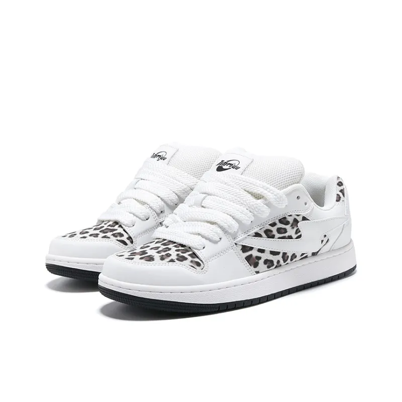 TINMUU Low Top Skateboard Shoes Unisex Leopard Print White-2