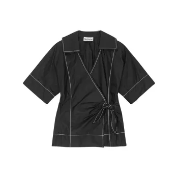 GANNI Contrast Piping Side-tied Wrap Blouse