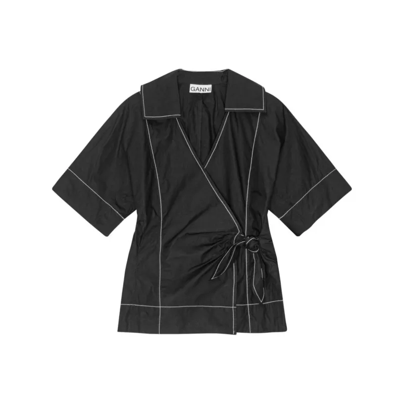 GANNI Contrast Piping Side tied Wrap Blouse-0