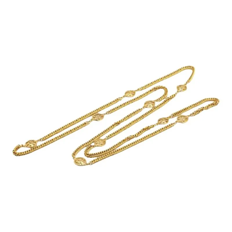 CHANEL 1980 1990 Plated Medallion Station Long Necklace Costume Necklace-1