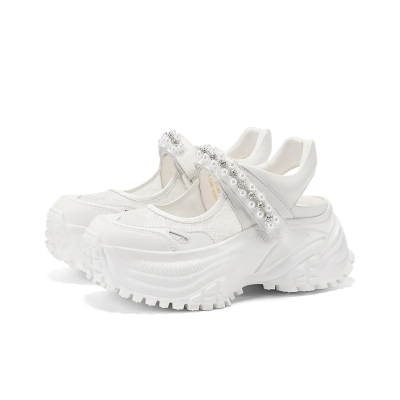 GG CC Fashion Mary Jane Casual Chunky Slippers Women's White-3