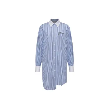 MOSCHINO Logo Embroidered Asymmetric Pinstriped Dress