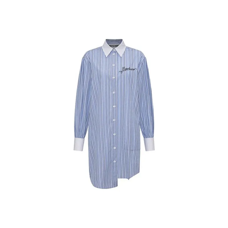 MOSCHINO Logo Embroidered Asymmetric Pinstriped Dress-0