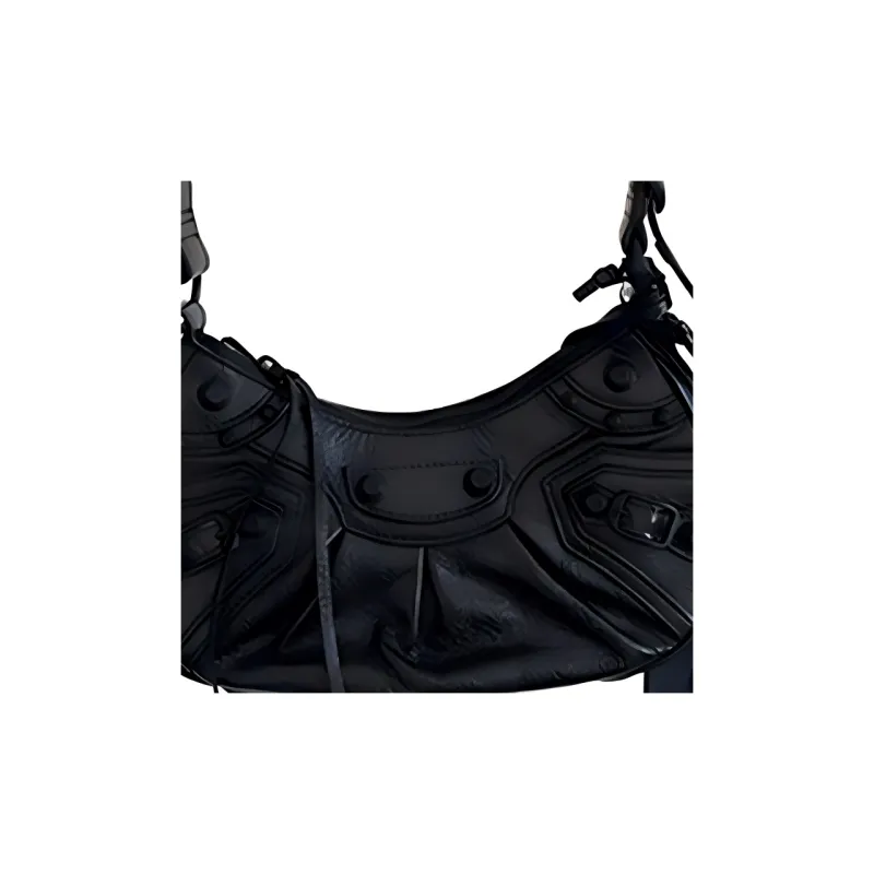 Balenciaga Le Cagole Fine Grained Sheepskin Crescent Bag Biker Shoulder Bag Mini Women's Black-2