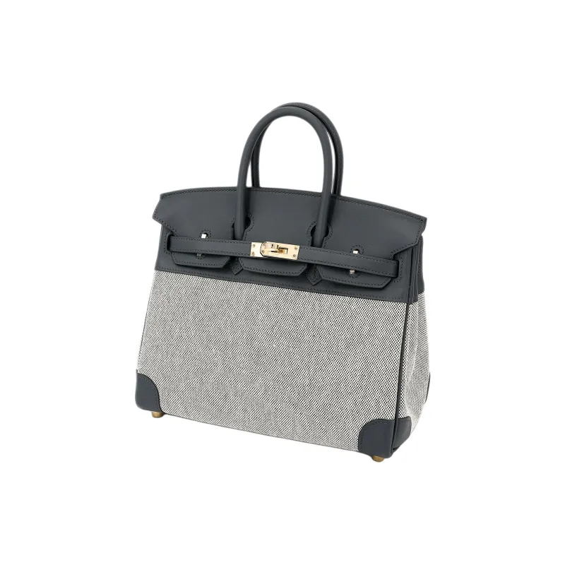 HERMES Swift Leather With Toile H Canvas Handbag Women's Haze Gray-1