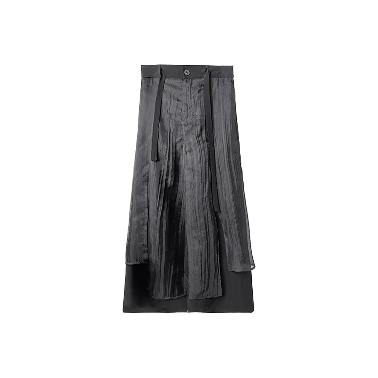 HUANXIANGZHE Loose Fit Straight Fit Cropped Pants Samurai Pants Skirt Casual Pants Unisex Black-0