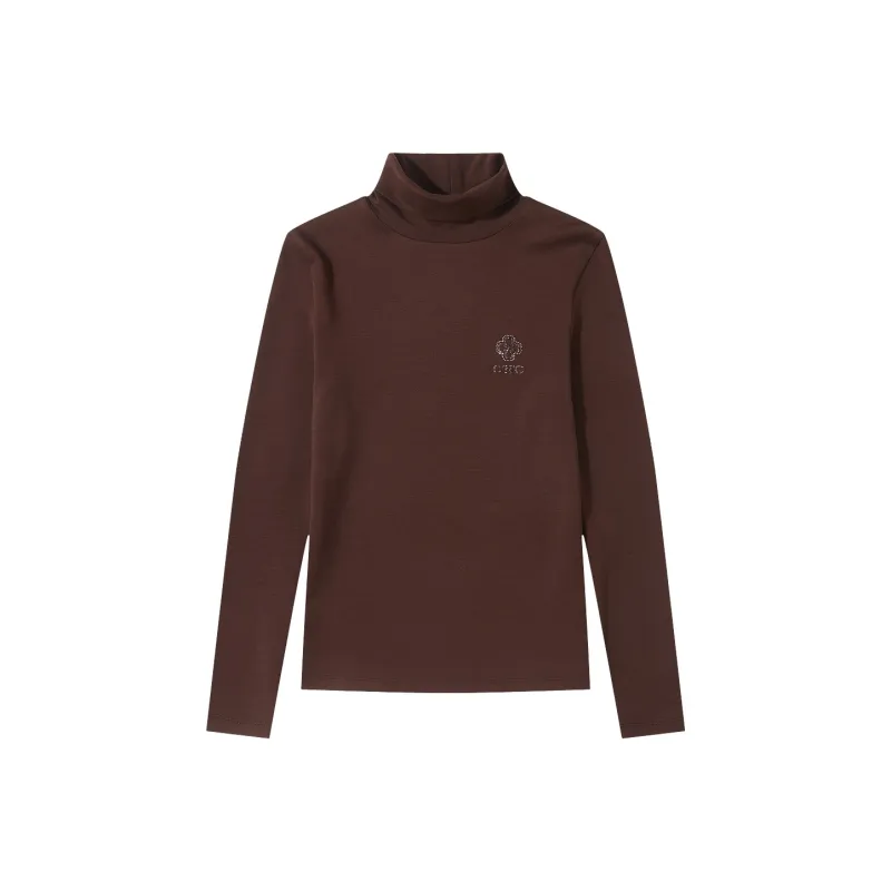 C'N'C Four Leaf Clover Logo Solid Color Turtleneck High Rebound Slim Fit Base Layer Long Sleeved T Shirts Women's-2