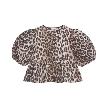GANNI 3D Jacquard Peplum Blouse 'Leopard'