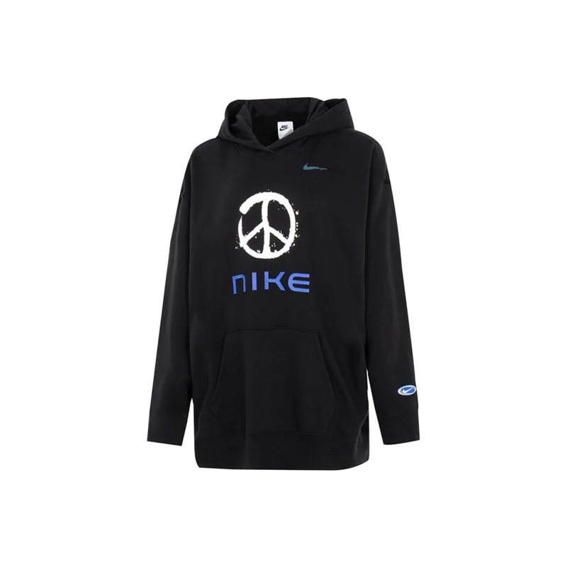 Nike Sportswear Logo Print Hooded Pullover Sweatshirt Black-0