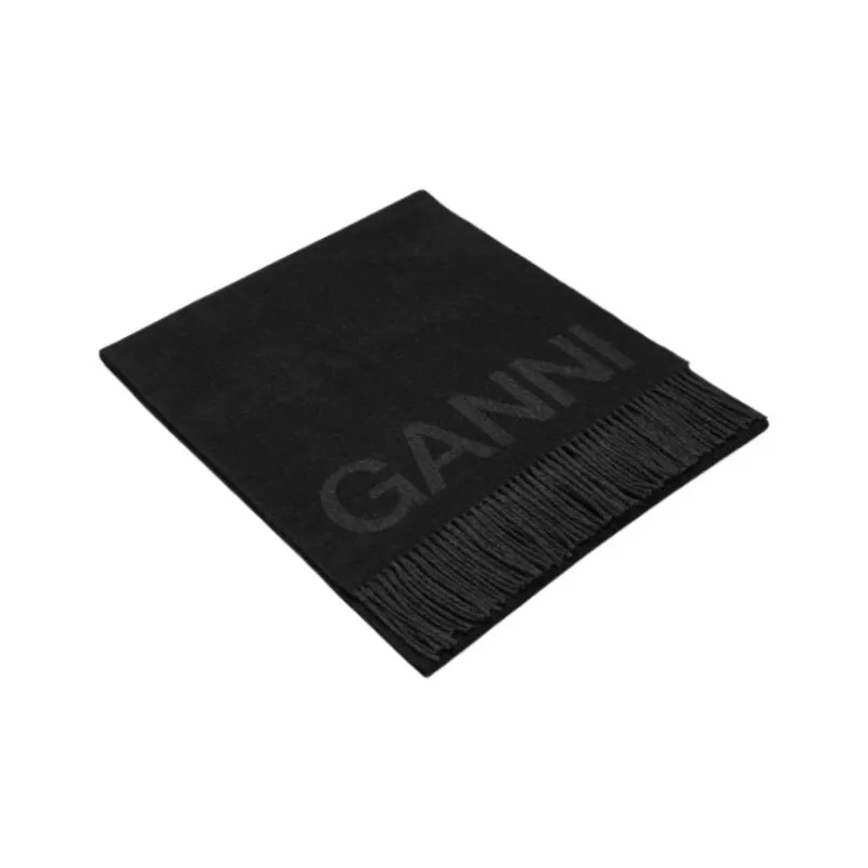 GANNI Wool, Recycled Fiber Knit Scarves Unisex Black-3
