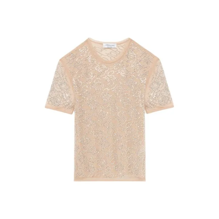 Blumarine Tulle T-Shirt With Embroidery Rhinestone B Monogram T-Shirt Women's Pink-0