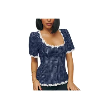 REFORMATION Anabella Linen Top T-Shirt Women's Dark Blue