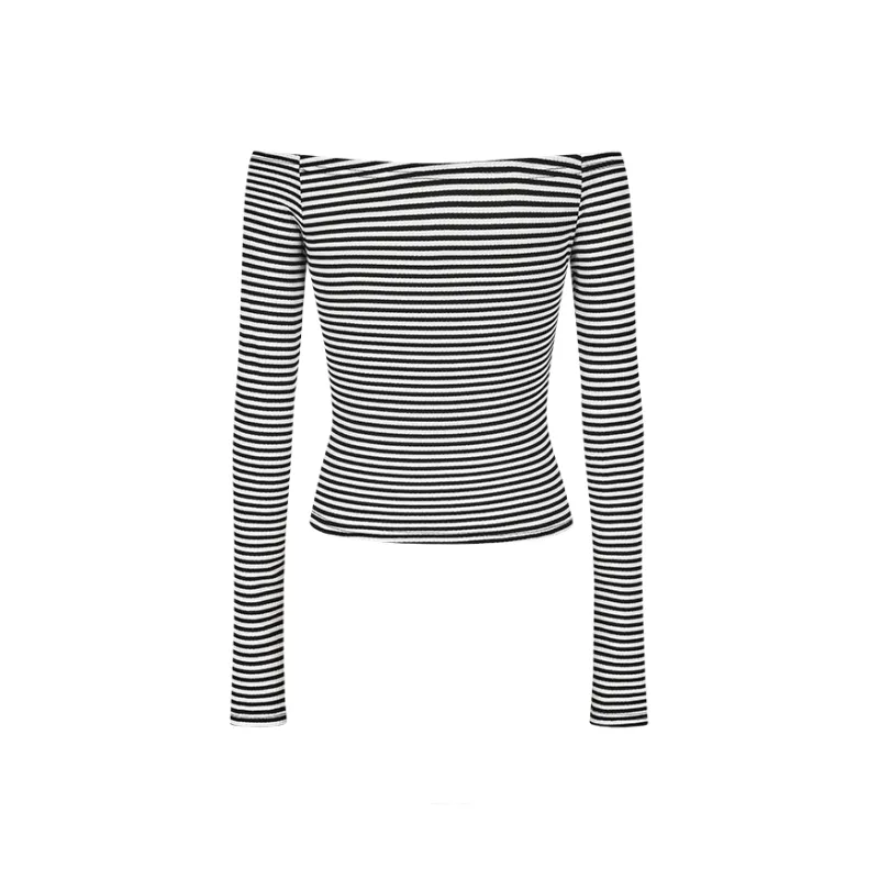 ONE SHALLOW T Shirt Women's Black White Stripes-1