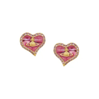 Vivienne Westwood Brass Irregular Heart Saturn Logo Stud Earrings Women's Gold/Neon Pink