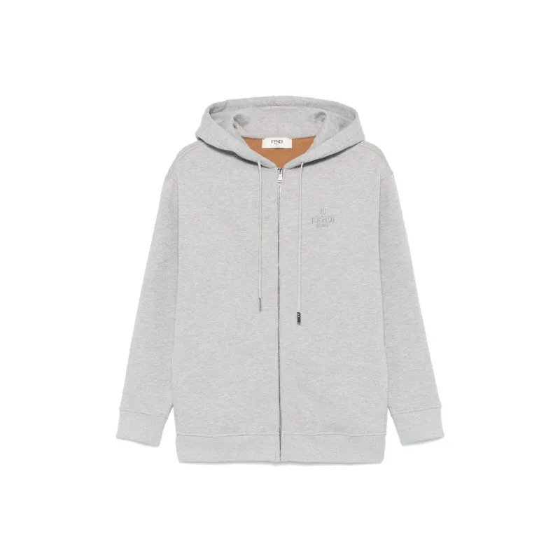 FENDI Logo Embroidered Zip Up Drawstring Hoodie-0