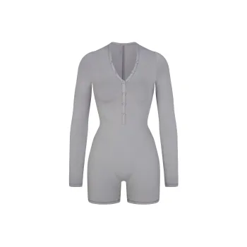 SKIMS COTTON JERSEY BUTTON UP HENLEY ONESIE Bodysuits Women's PACIFIC/Pacific Blue