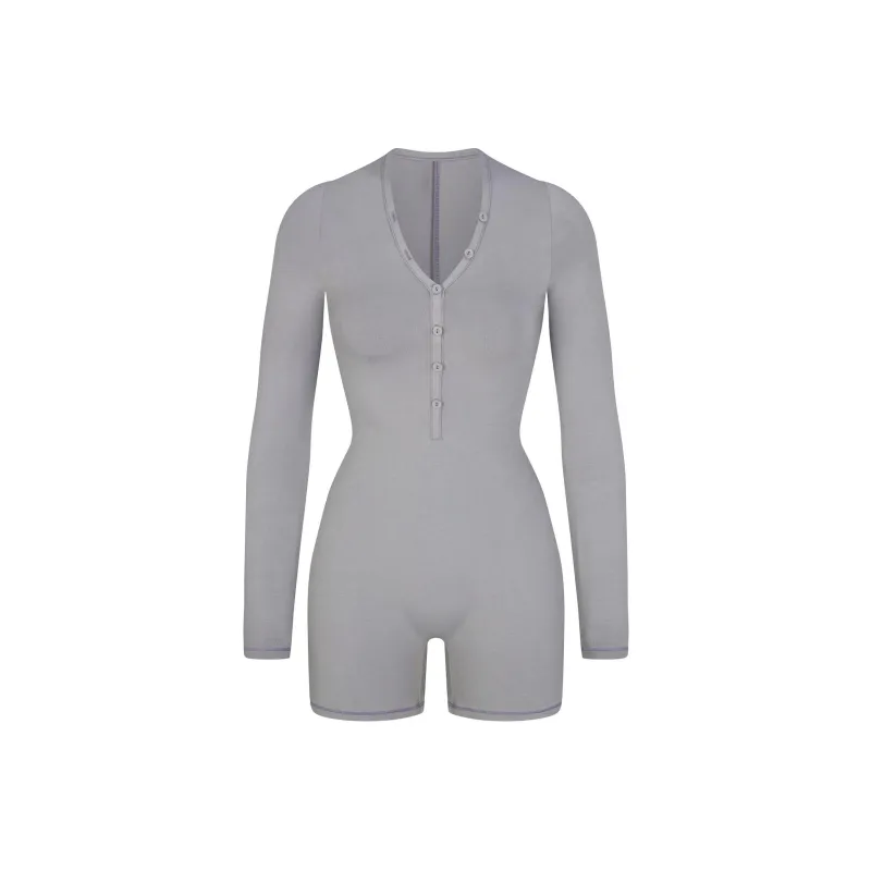 SKIMS COTTON JERSEY BUTTON UP HENLEY ONESIE Bodysuits Women's PACIFIC/Pacific Blue-0