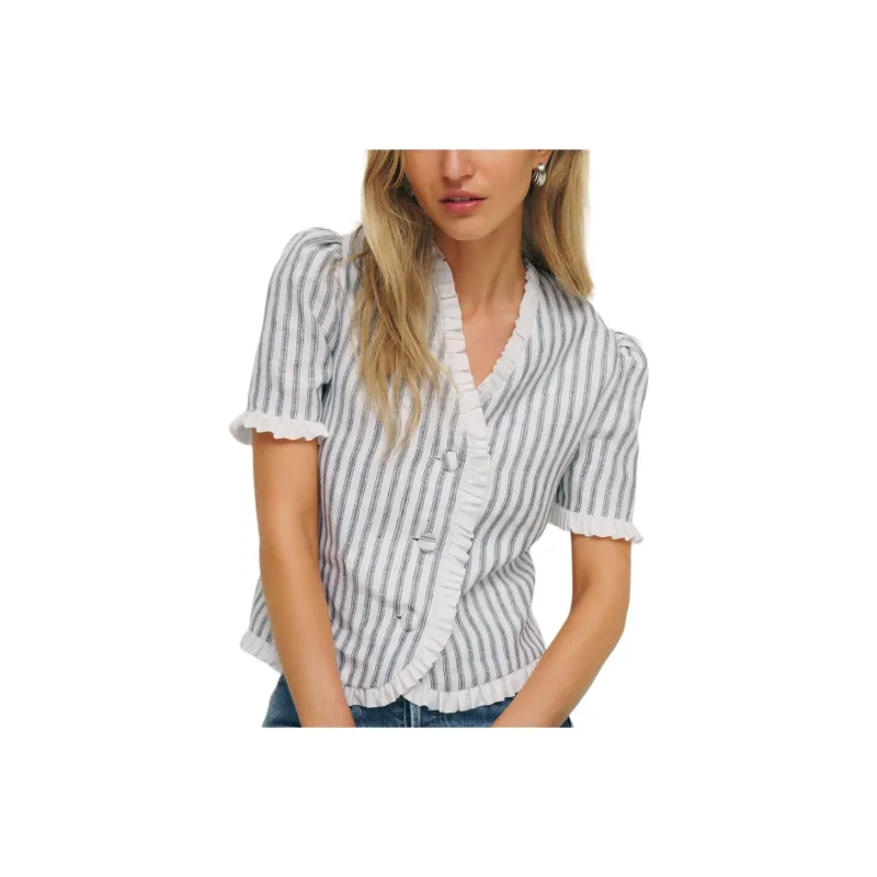 REFORMATION Bess Linen Top T-Shirt Women's Anti-Bacterial Stripes-0