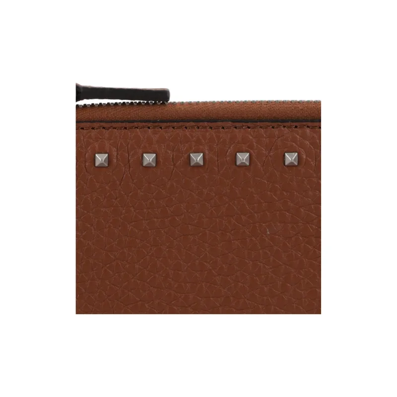 Valentino Rockstud Calfskin Card Holder Regular Men's Brown-3