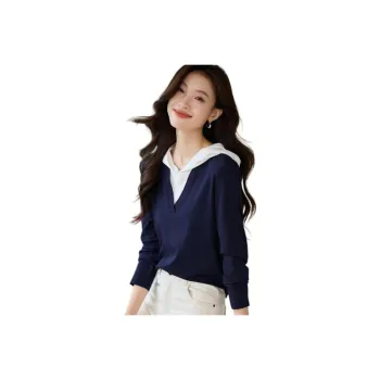 Mo Han Yi Mei Regular T Shirt Women's Navy Blue & White