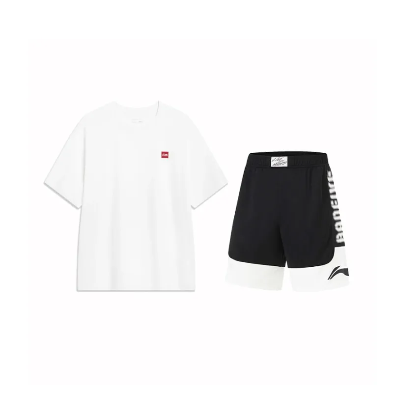 LINING Casual Sportswear Men Set White Short-Sleeved Shirt+Black Shorts-0