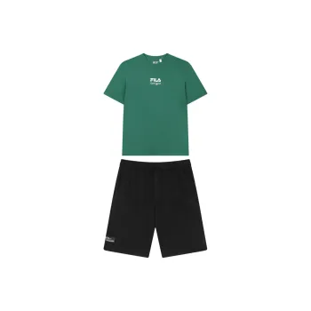 FILA Casual Sportswear Men Clothing Sets Midsummer Green Short Sleeved Shirt+Black Shorts