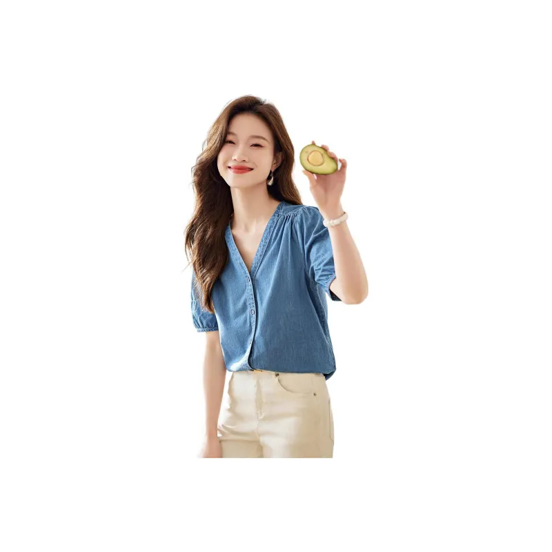 Mo Han Yi Mei Shirt Women's Light Denim Blue-0