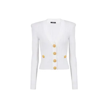 BALMAIN Button Embellished Ribbed Knit Cardigan
