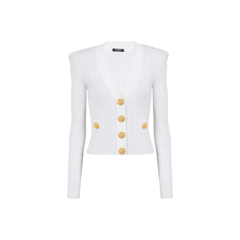 BALMAIN Button Embellished Ribbed Knit Cardigan-0