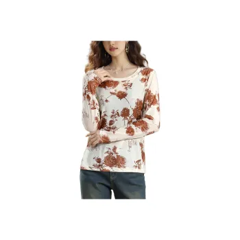 Wbwq T Shirt Women's Apricot Base With Coffee Floral Notes