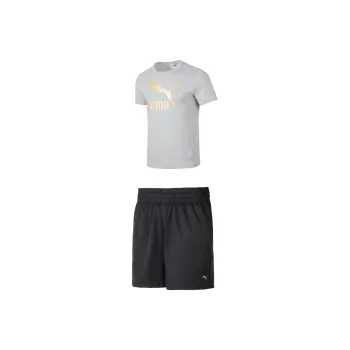 PUMA Casual Sportswear Men Clothing Set Gray Short Sleeved Shirt+Black Shorts