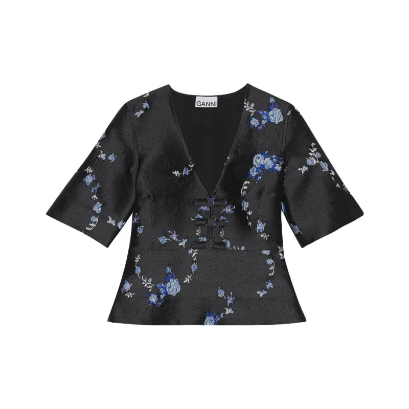 GANNI Floral-jacquard V-neck Blouse-0