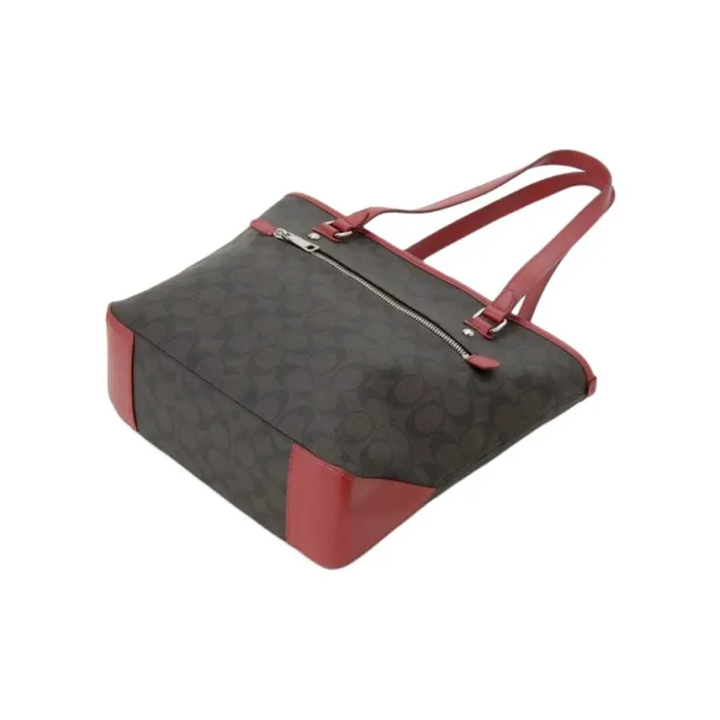 COACH Zip Top Tote Canvas With Leather Tote Bag Shopping Bag Handbag Shoulder Bag Women's Dark Brown & Red-1