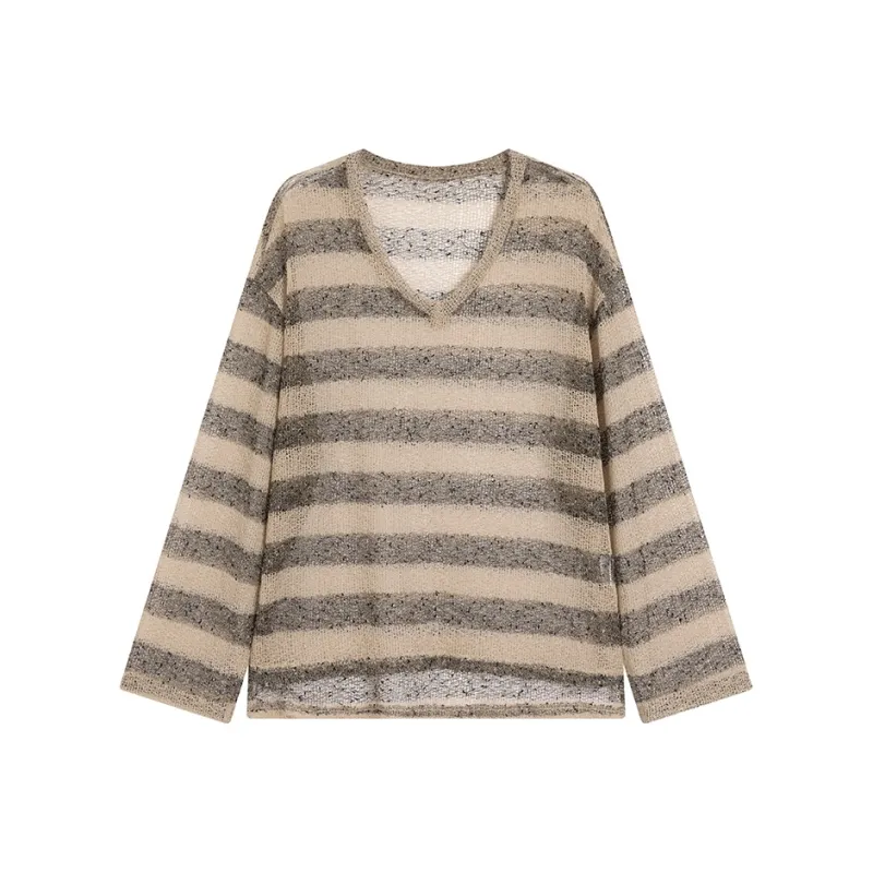 Ouyang Knitwear Women's Light Camel Stripes-0