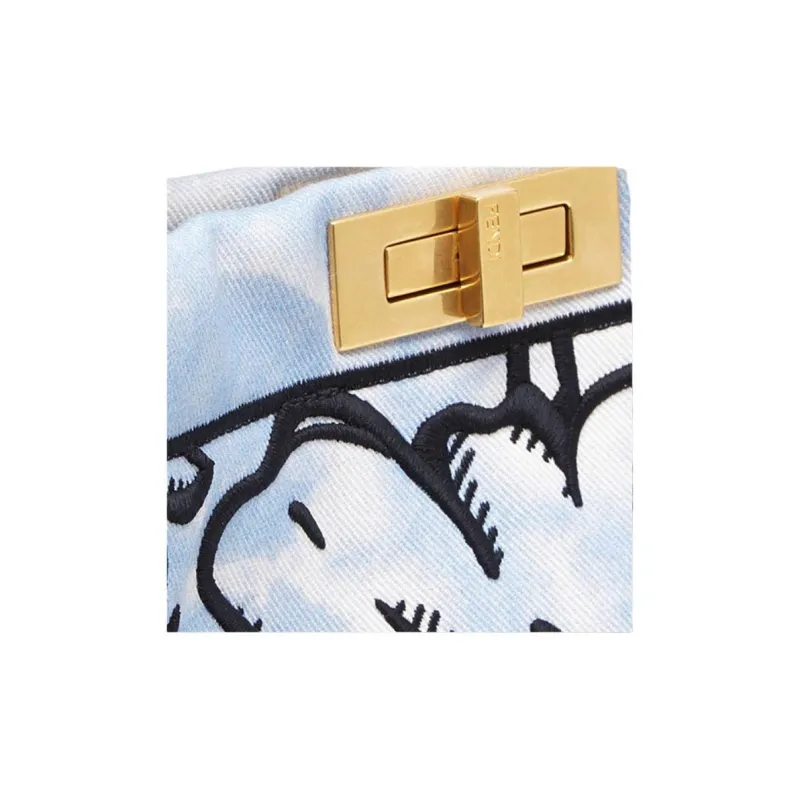 FENDI Peekaboo Denim With Cow Leather Shoulder Bag, Crossbody Bag, Handbag Medium Size Women's White/Black/Light Blue-4