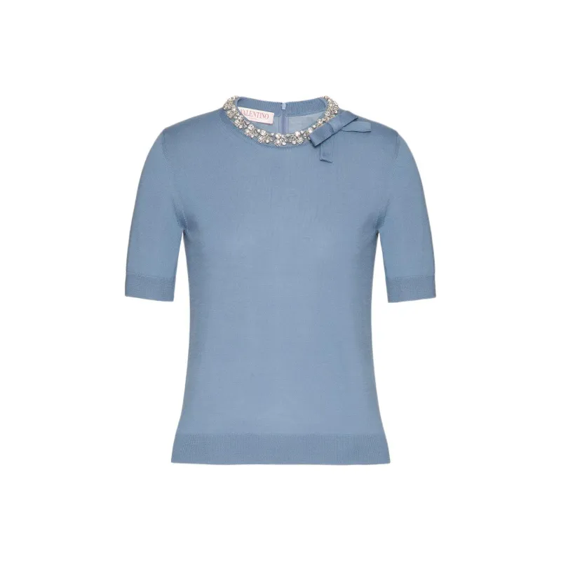 Valentino Embellished Fine Knit Crewneck T Shirt-0