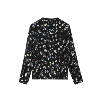 H YXIANG Shirt Women's Black Background With Small Multicolor Flowers