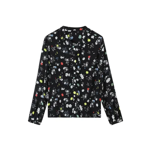 H YXIANG Shirt Women's Black Background With Small Multicolor Flowers