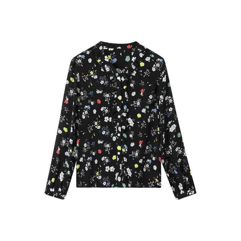 H-YXIANG Shirt Women's Black Background With Small Multicolor Flowers-0