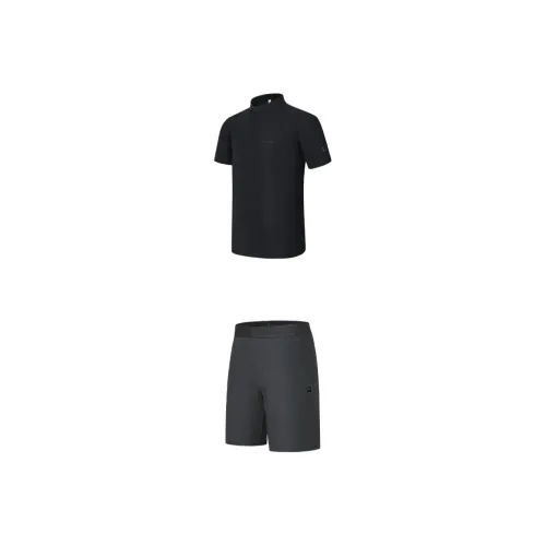 FILA Casual Sportswear Men Clothing Sets Pitch Black Short Sleeved+Deep Ink Gray Shorts