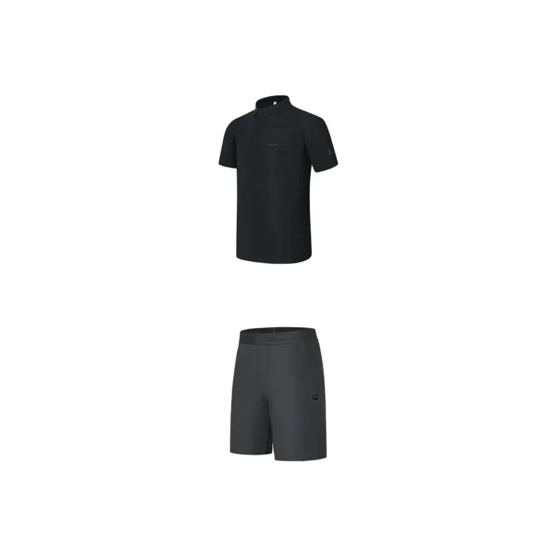 FILA Casual Sportswear Men Clothing Set Pitch Black Short Sleeved Shirt+Deep Ink Gray Shorts-0