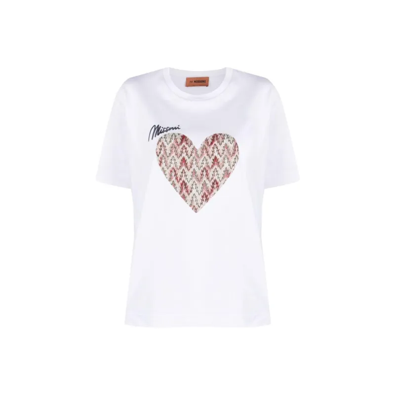 MISSONI Logo Heart Embroidery Crew Neck Pullover Short-Sleeved T-Shirt Women's Optical White-0