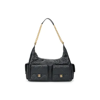 CHANEL Shiny Lambskin Hippie Bag, Motorcycle Bag, Shoulder Bag Women's Black